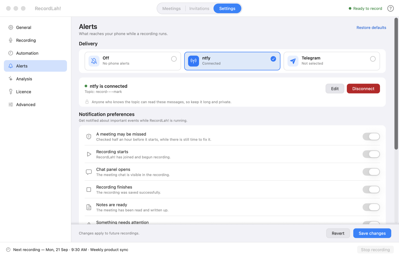 The Alerts settings: delivery over ntfy or Telegram, and switches for which moments are worth a message.